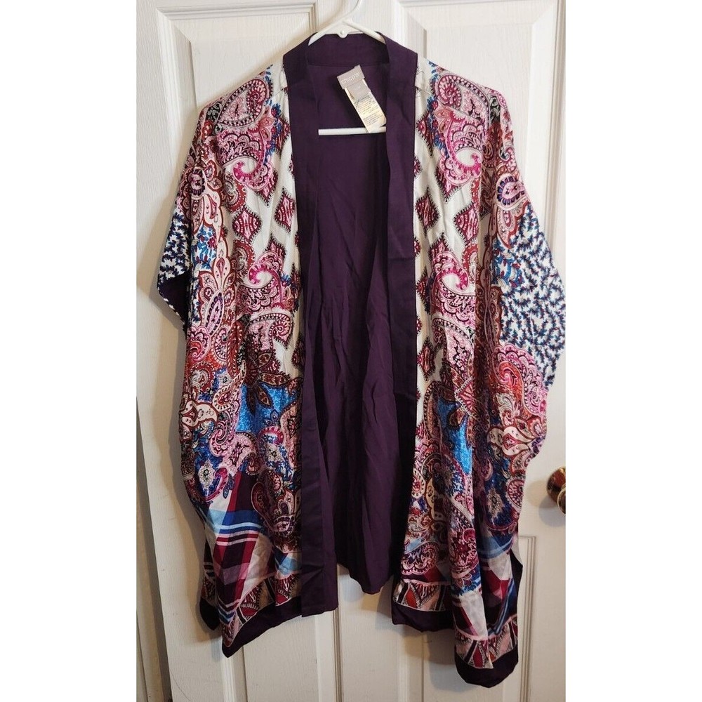 CHICO'S MULTICOLOR PATCHWORK PRINT‎ RUANA WRAP TOP KIMONO S/M NWOT